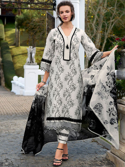 Floral Embroidered Regular Thread Work Pure Cotton Kurta & Trousers With Dupatta