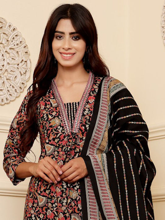 Dhiyona VA Women's Floral Printed Regular Sequinned Kurta with Trousers & Dupatta