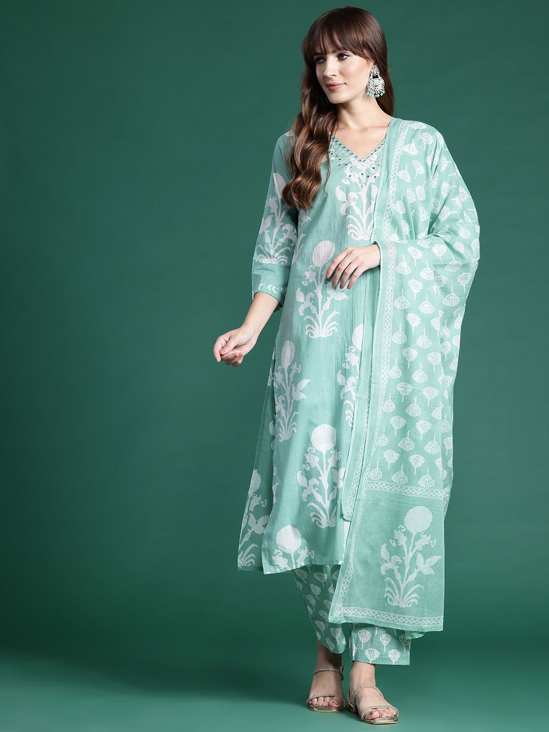 Dhiyona IE Floral Printed Mirror Work Pure Cotton Kurta With Trousers & Dupatta