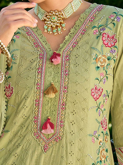 Women Floral Embroidered Cotton Kurta with Trousers & Dupatta
