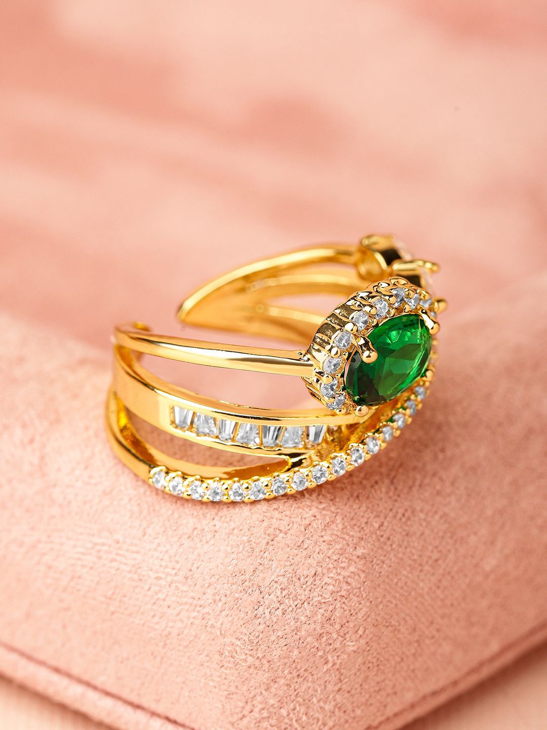 Dhiyona RJ Women's 18K Gold Plated Emerald Green & Cubic Zirconia Studded Adjustable Statement Ring