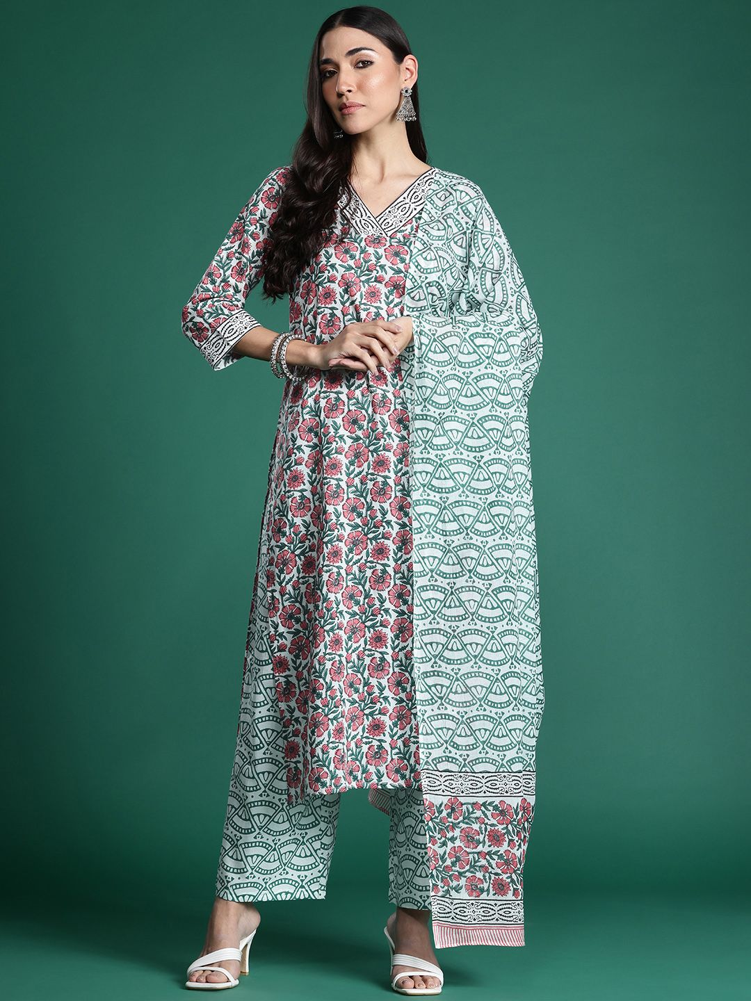 Dhiyona IE Floral Printed Pure Cotton Kurta with Trousers & With Dupatta