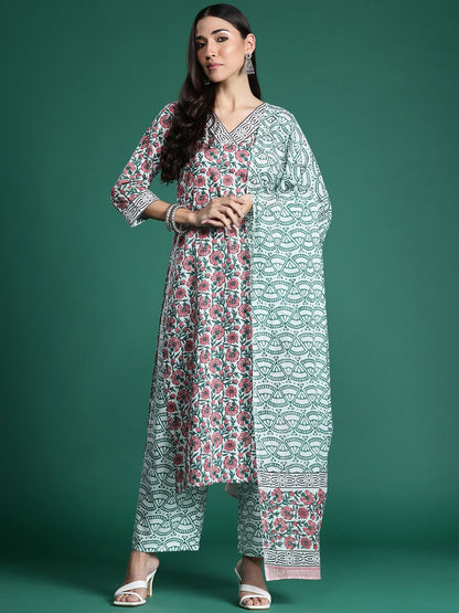 Dhiyona IE Floral Printed Pure Cotton Kurta with Trousers & With Dupatta