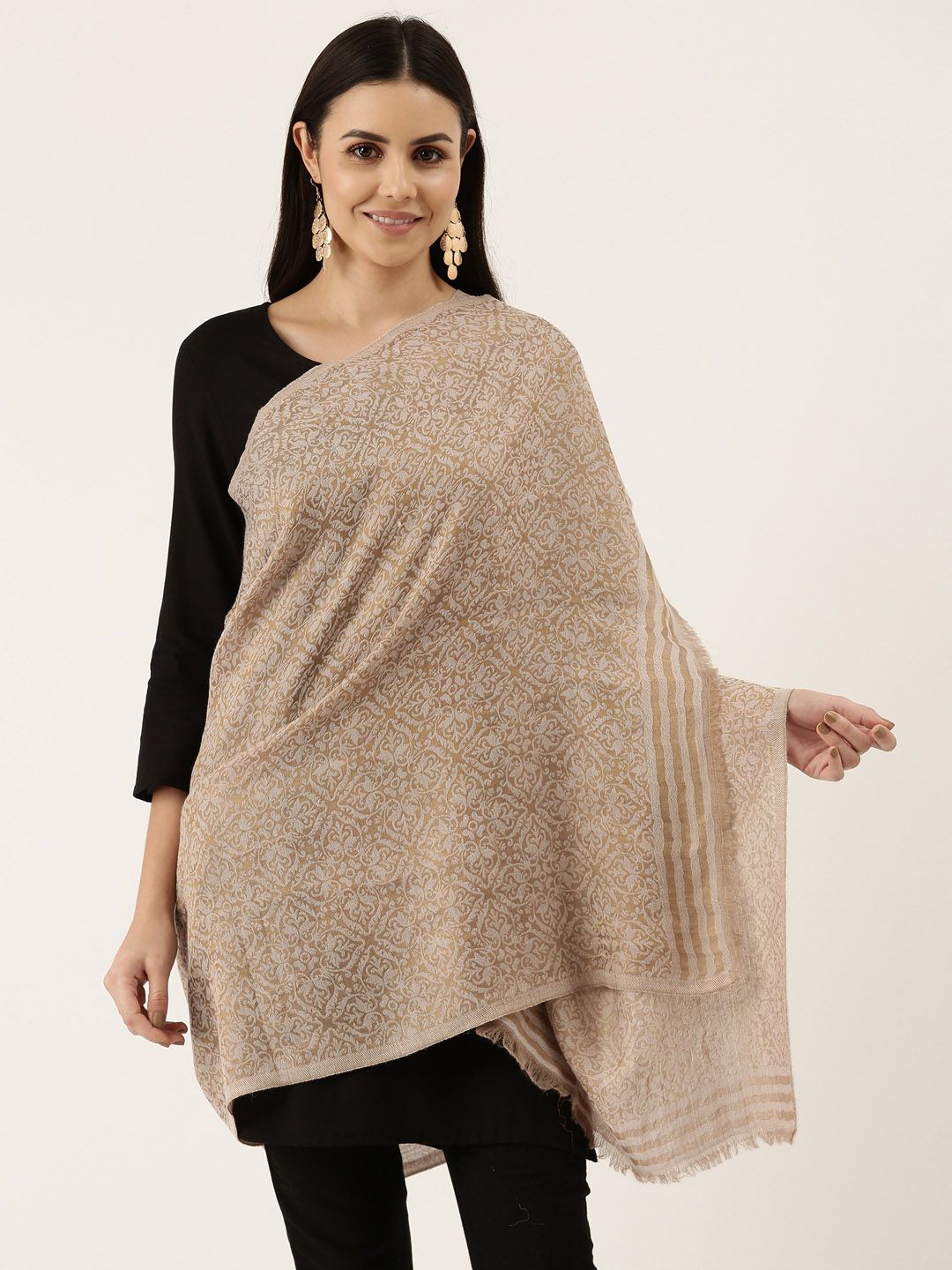 Dhiyona PA Women Beige & Brown Woven-Design Shawl