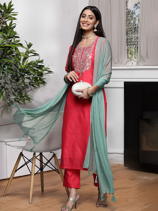 Dhiyona VA Women's Floral Yoke Design Sequinned Kurta with Trousers & With Dupatta