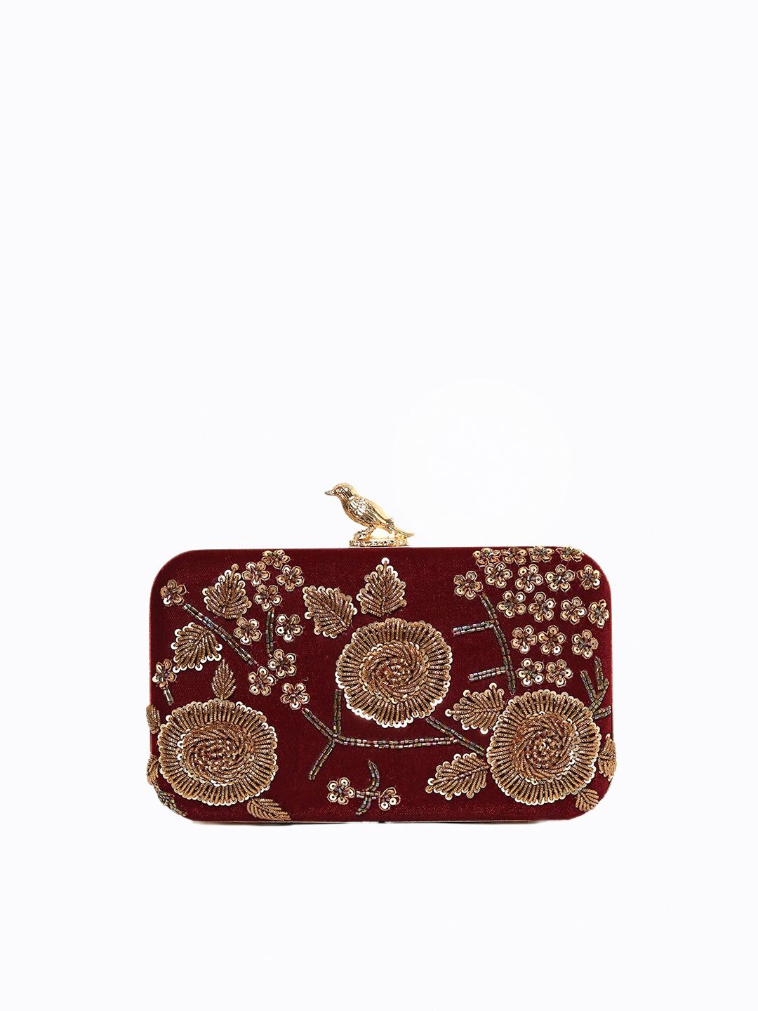 Dhiyona NR Maroon & Gold-Toned Embroidered Box Clutch
