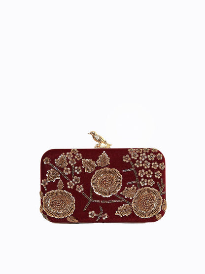 Dhiyona NR Maroon & Gold-Toned Embroidered Box Clutch
