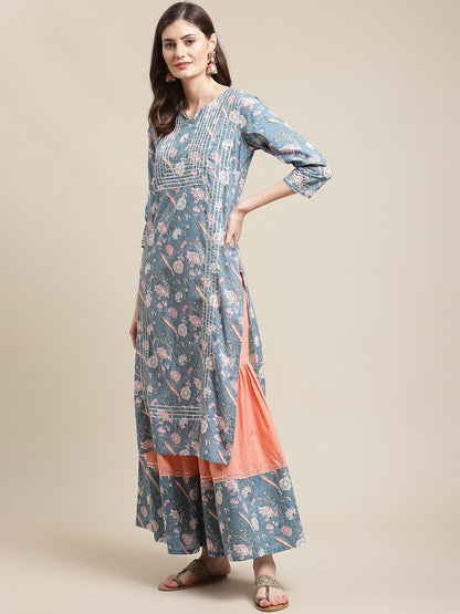 Dhiyona VA Women's Blue Ethnic Motifs Printed Kurta With Palazzos & Dupatta