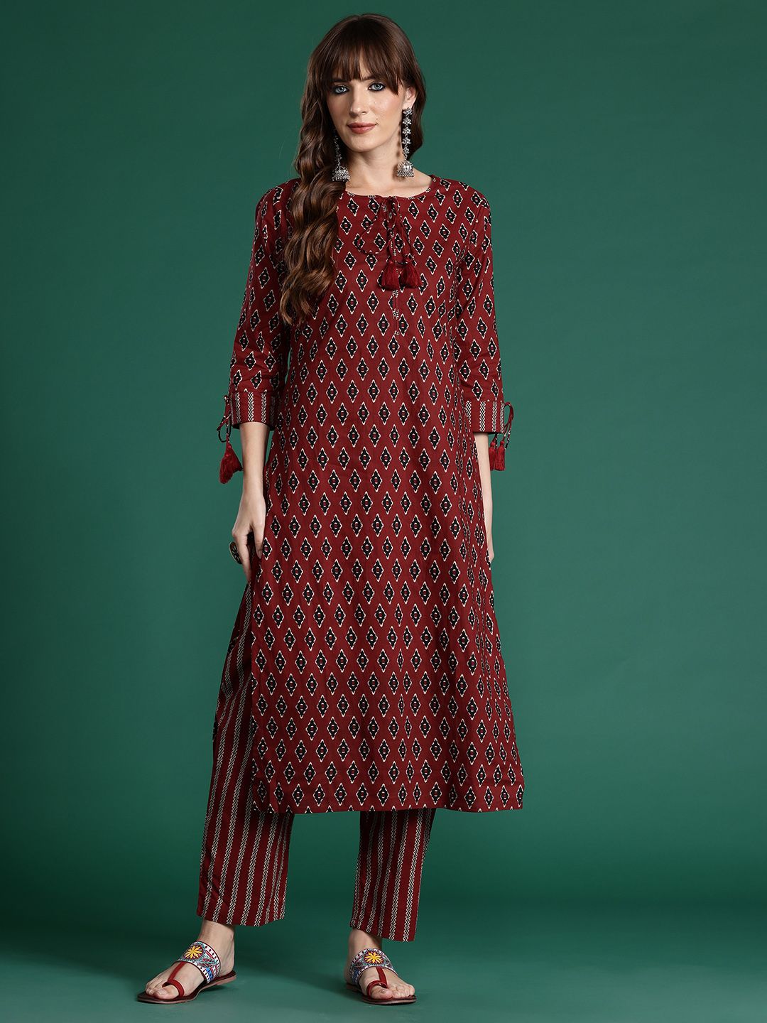 Dhiyona IE Ethnic Motifs Printed Pure Cotton Kurta with Trousers