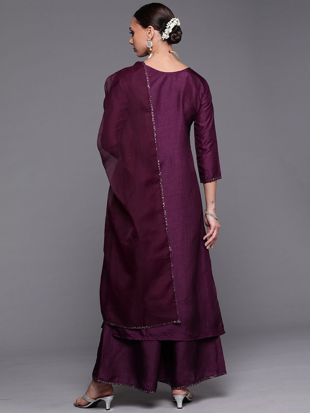 Dhiyona IE Purple Embellished Keyhole Neck Kurta with Palazzos & Dupatta