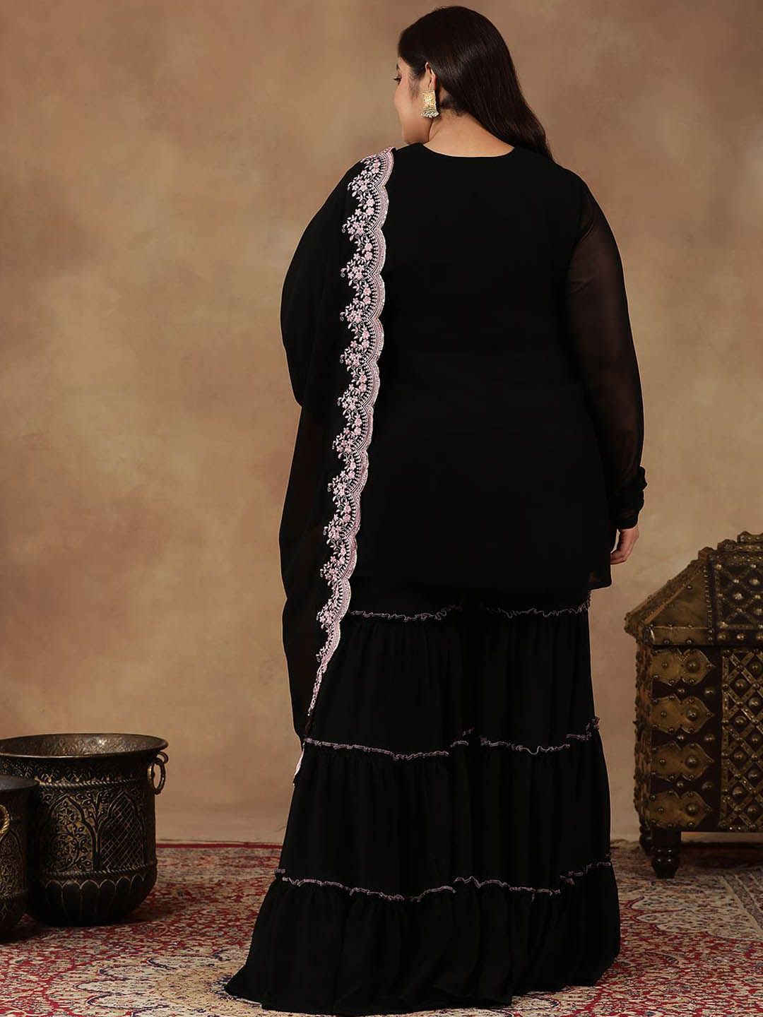 Dhiyona IN Szie Floral Embroidered Thread Work Kurta With Sharara & Dupatta