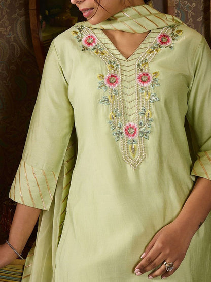 Dhiyona IE Floral Embroidered Stones & Beads Work Kurta With Trousers & Dupatta