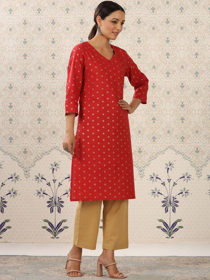 Dhiyona OD  Red & Beige Printed V Neck Pure Cotton Kurta With Palazzos