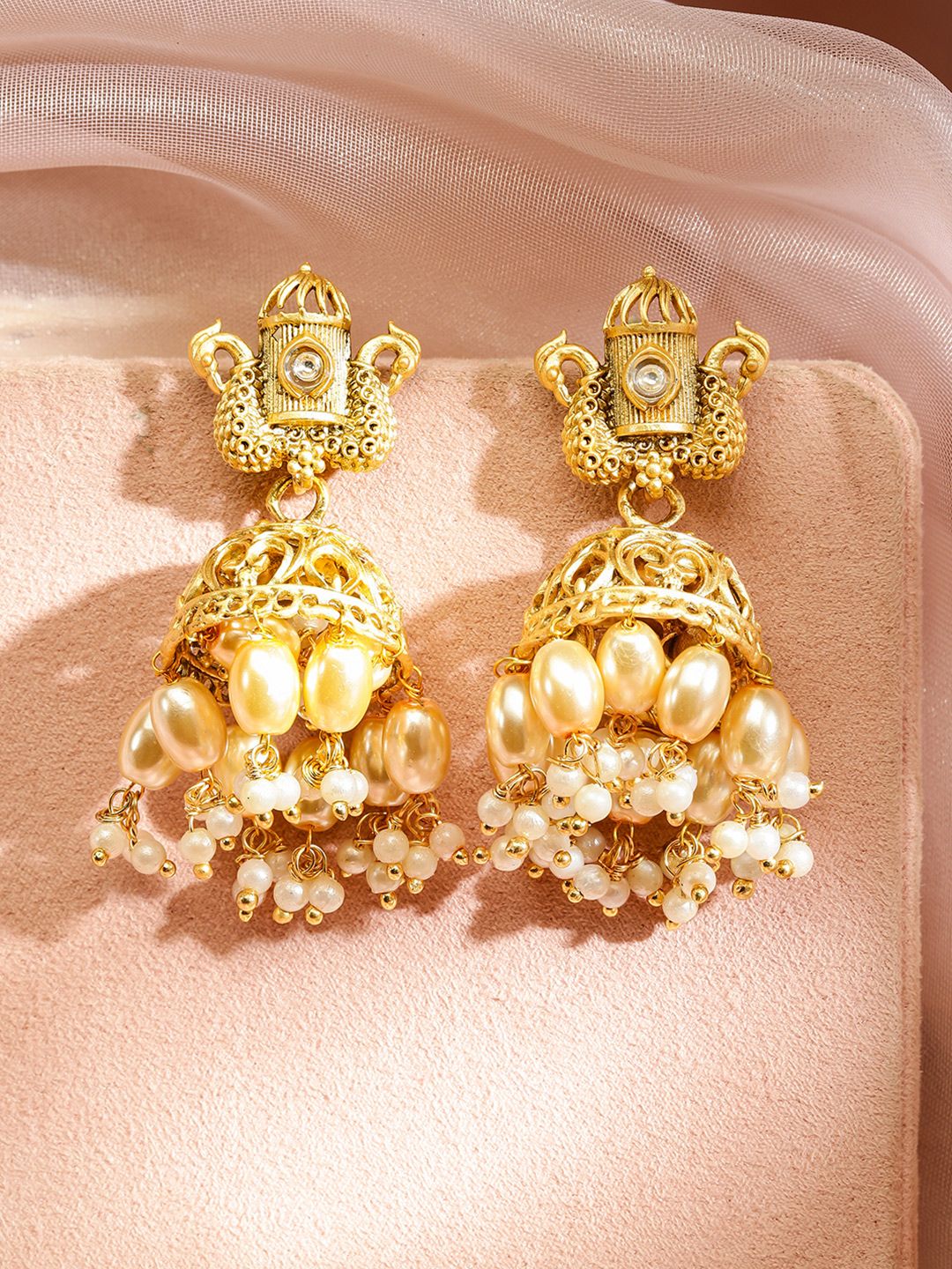 Dhiyona RJ Women's 22K Gold-Plated Dome Shaped White Pearl Beaded Jhumka Earrings