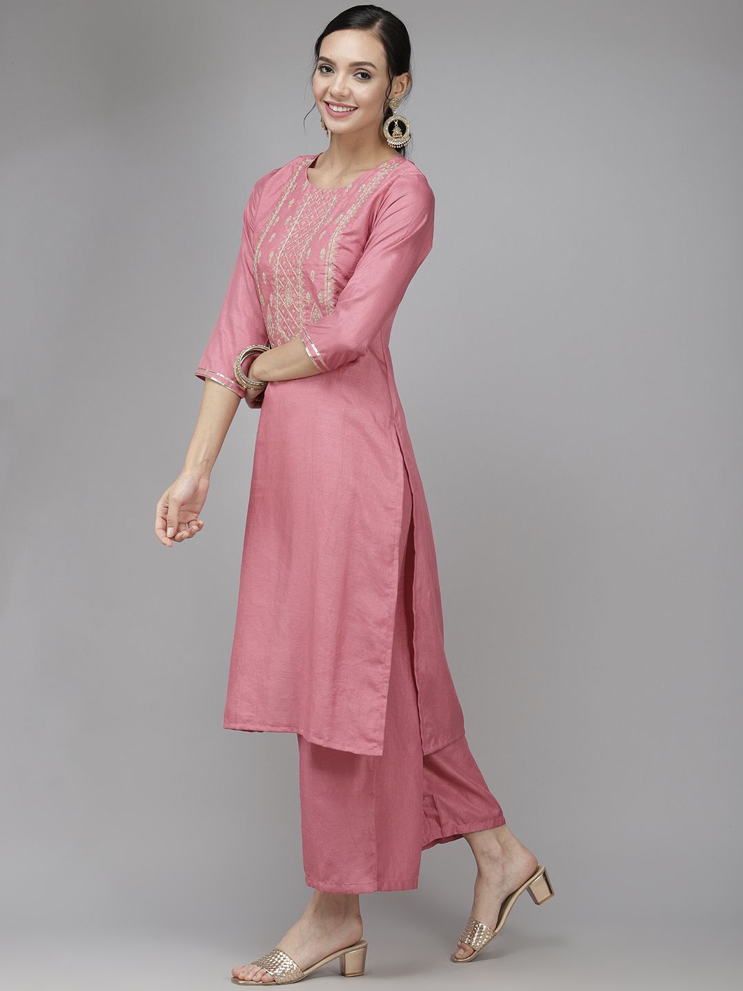 Dhiyona IE Women Pink Floral Yoke Design Regular Gotta Patti Kurta with Trousers & With Dupatta