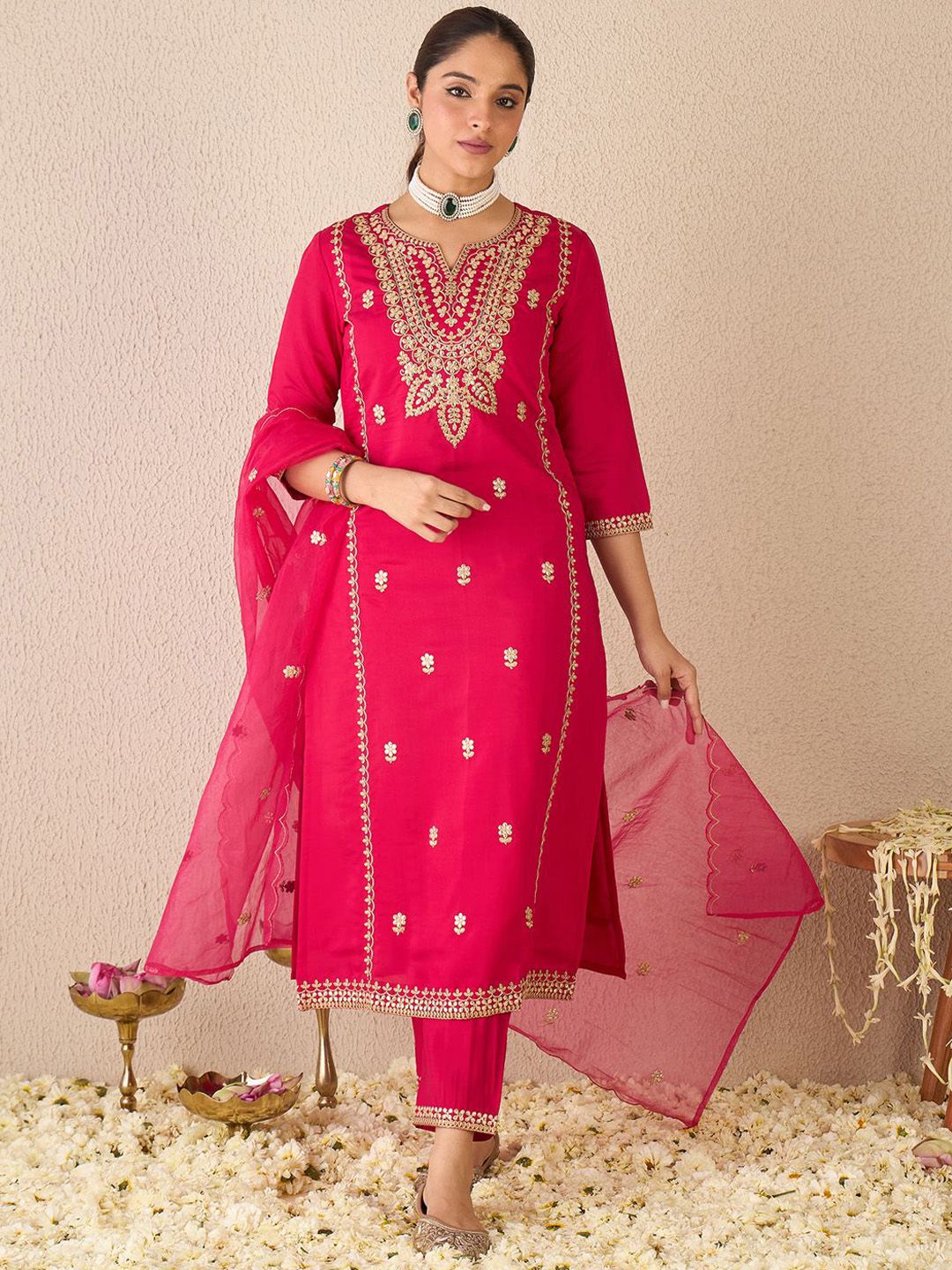 Embroidered Gotta Patti Work Notch Neck Kurta With Trousers & Dupatta