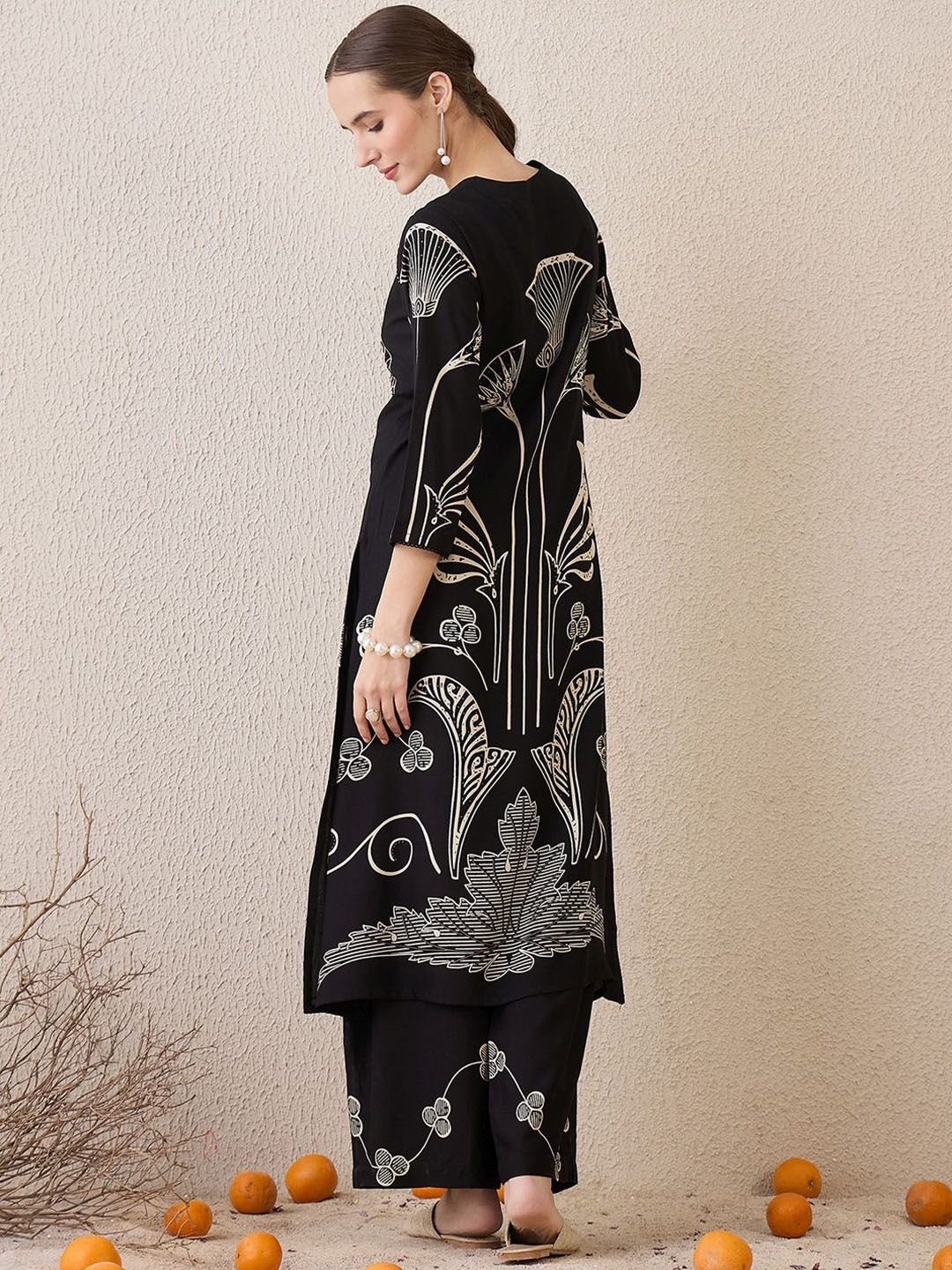 Dhiyona IE Ethnic Motifs Printed Round Neck Sequinned Straight Kurta With Palazzos