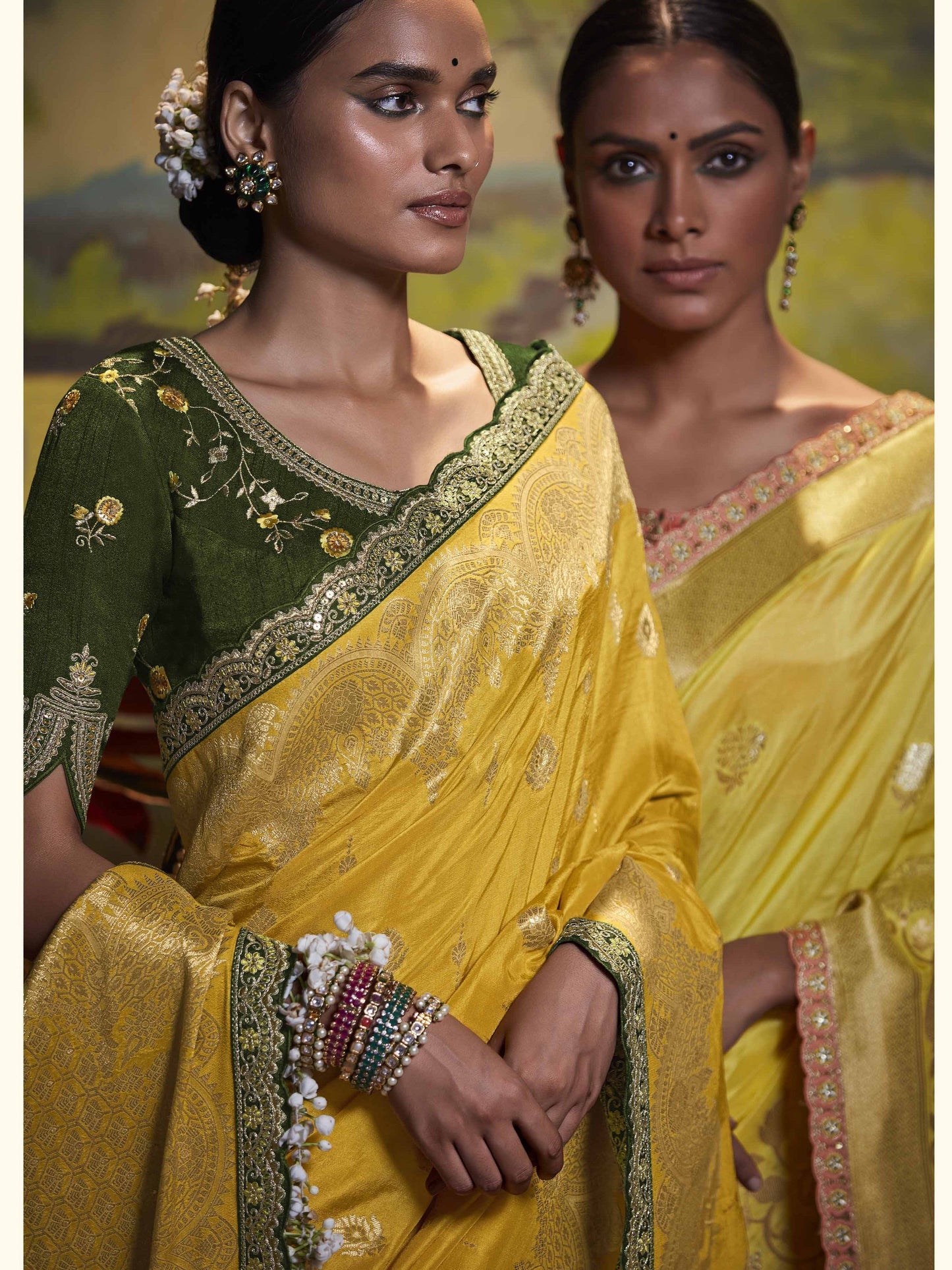 Dhiyona KM Women Yellow Pure Dola Silk Saree With Contrasting Green Embroidered Blousee