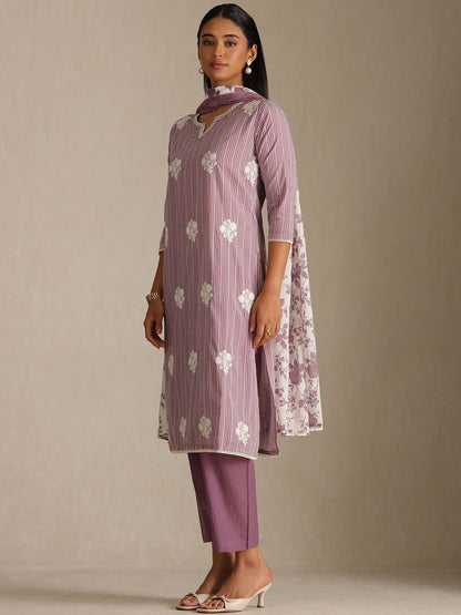 Dhiyona SO Women's Women Striped Regular Thread Work Pure Cotton Kurta Trousers With Dupatta