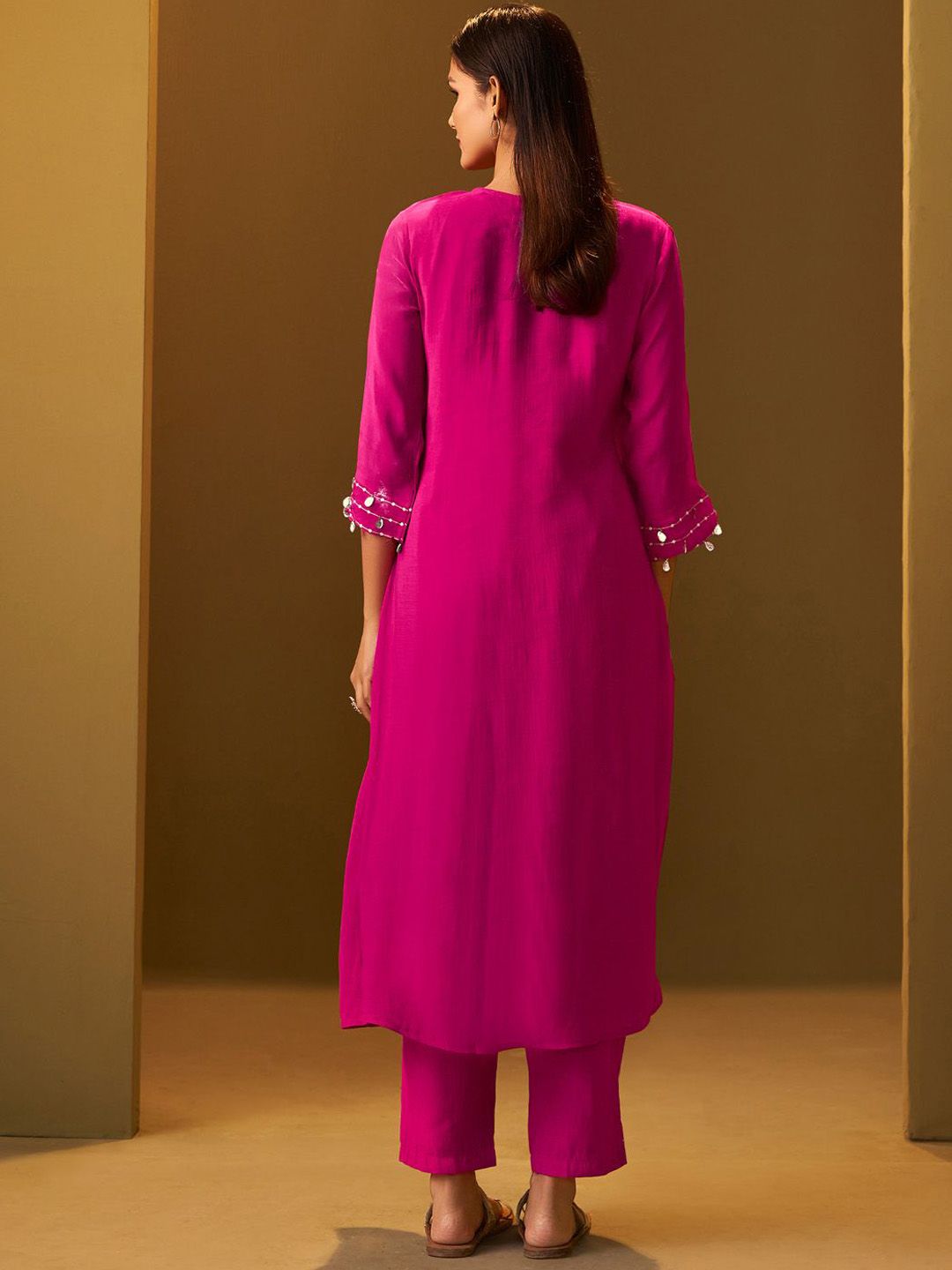 Floral Printed A-Line Mirror Work Kurta With Trouser