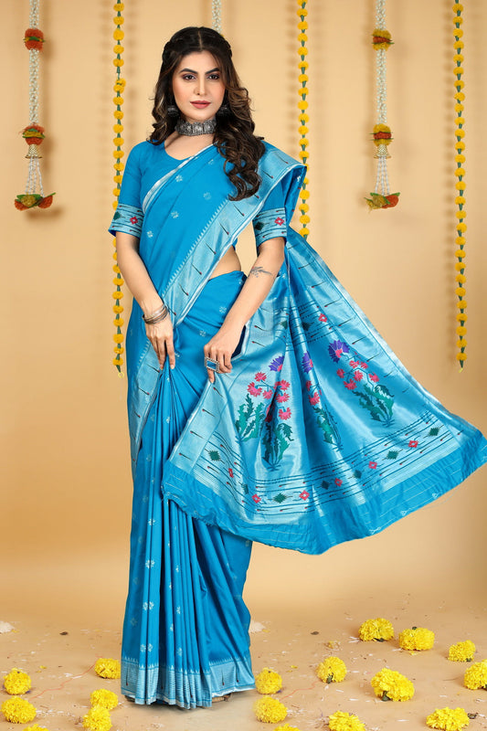 Dhiyona GR Women's Mastani 2 Cyan Blue Zari Paithani Silk Saree