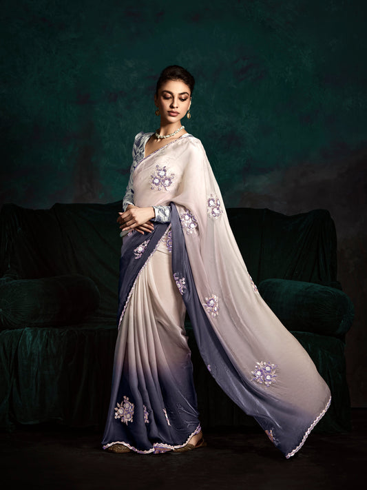 Dhiyona KM Women Elegant Purple Shade Saree With Classic White Silk Blouse