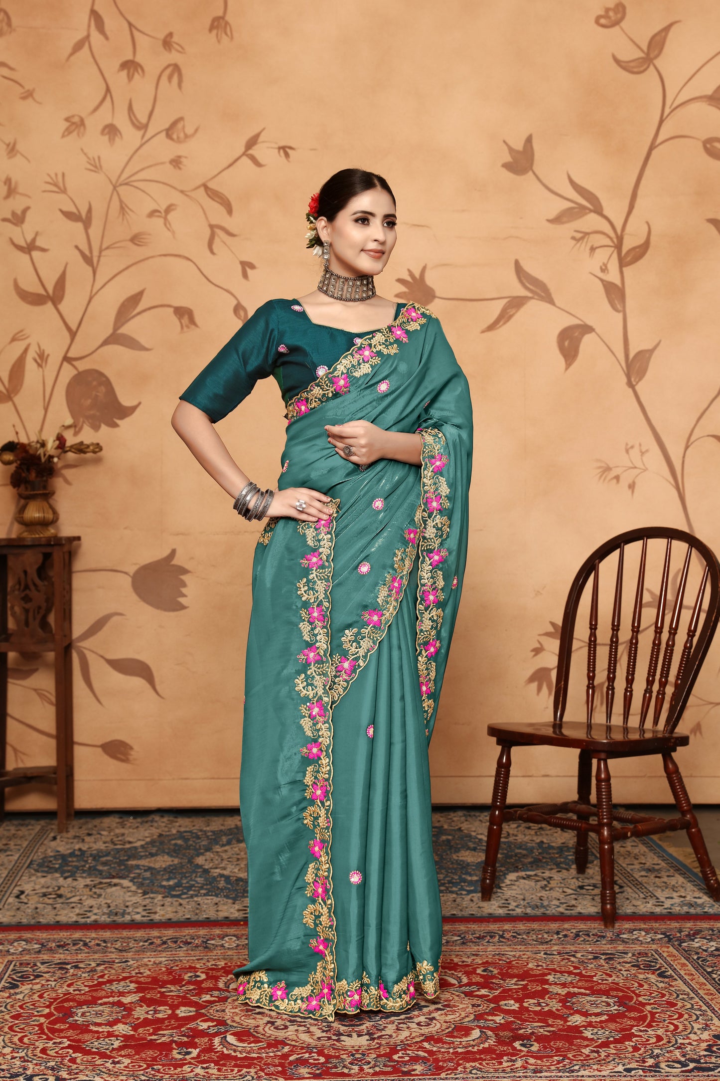 Dhiyona GR Women's Armani Teal Jimmi Choo Embroidered Saree