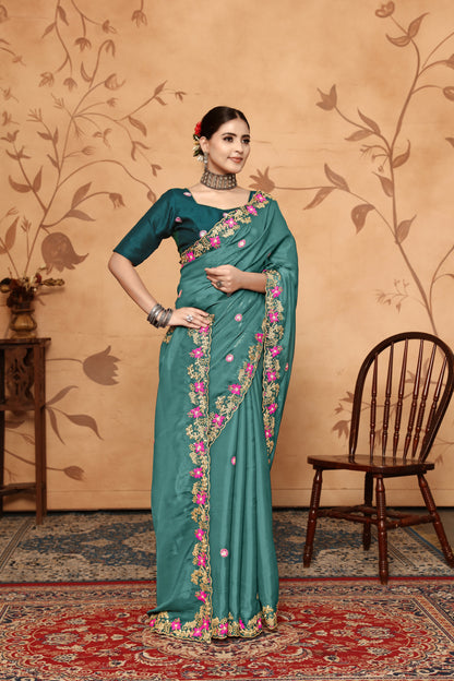Dhiyona GR Women's Armani Teal Jimmi Choo Embroidered Saree