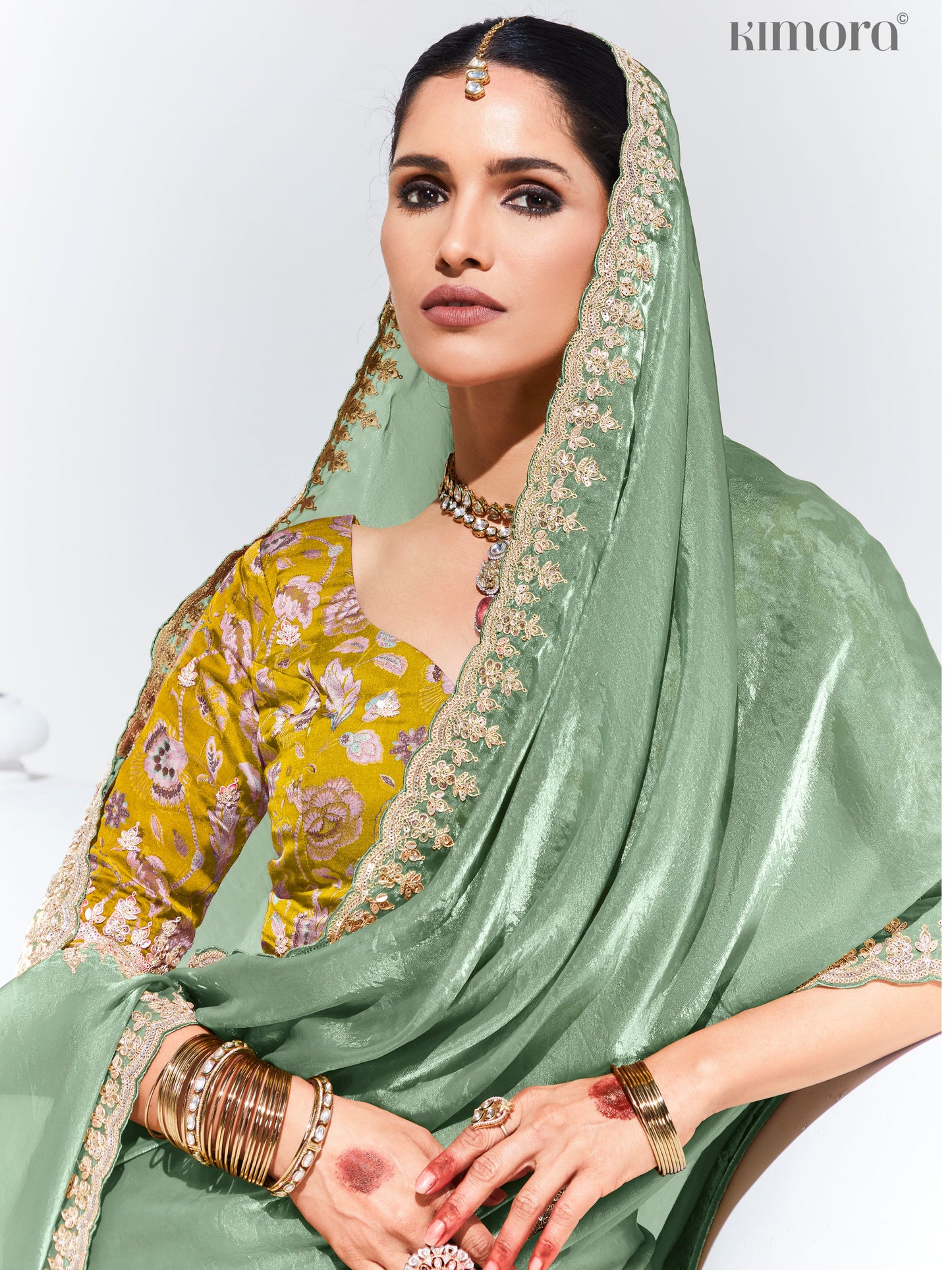 Dhiyona KM Women Green Organza Saree With Crushed Texture & Floral Print Blouse