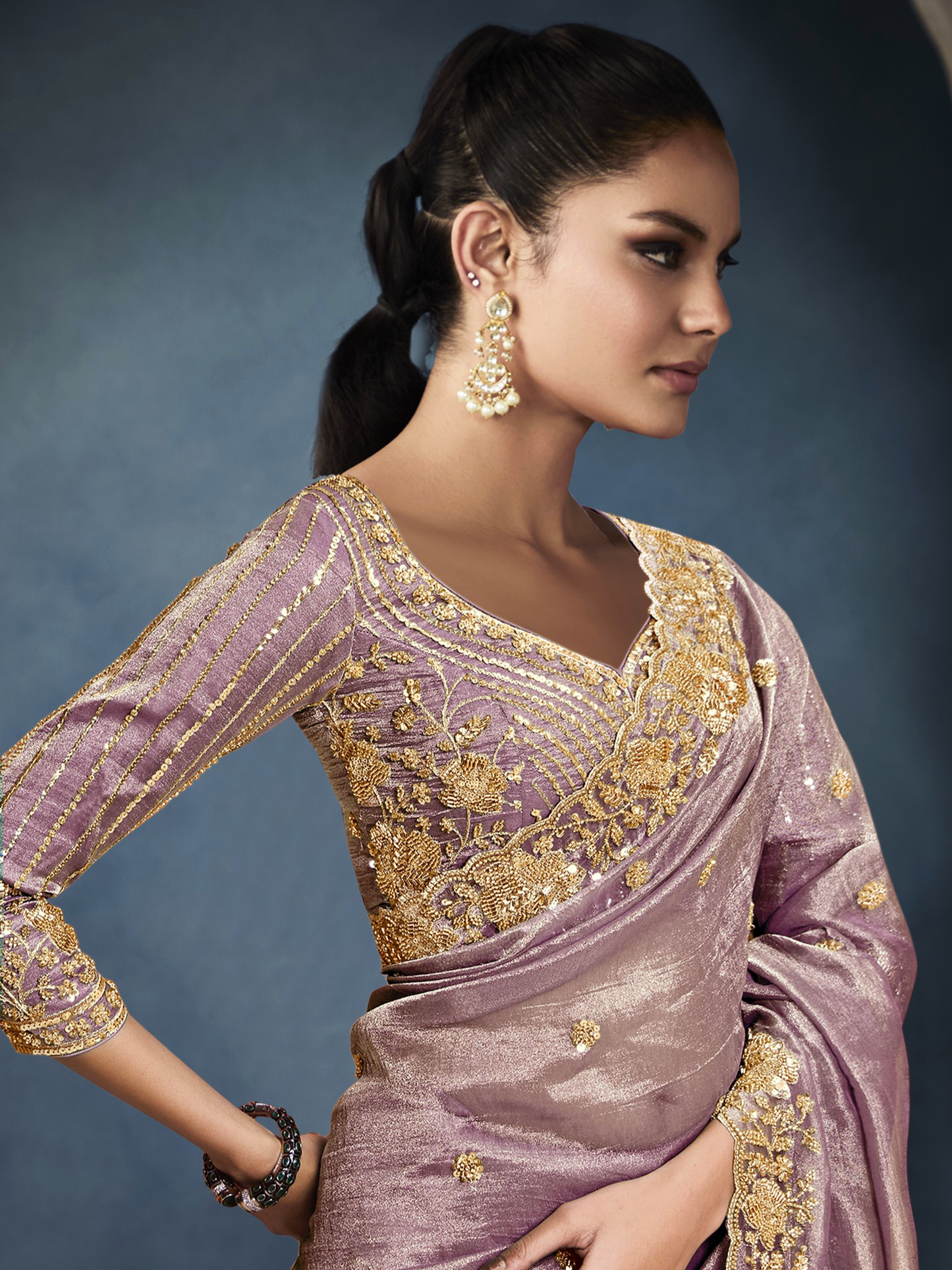 Dhiyona KM Women Tissue Embroidered Fancy Heavy Border Saree
