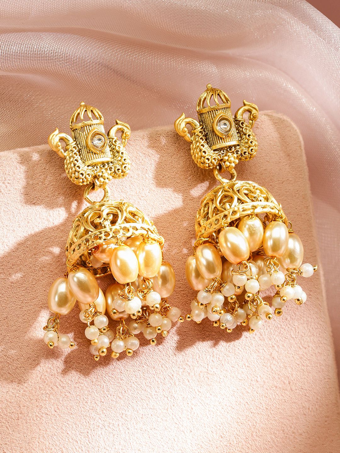 Dhiyona RJ Women's 22K Gold-Plated Dome Shaped White Pearl Beaded Jhumka Earrings