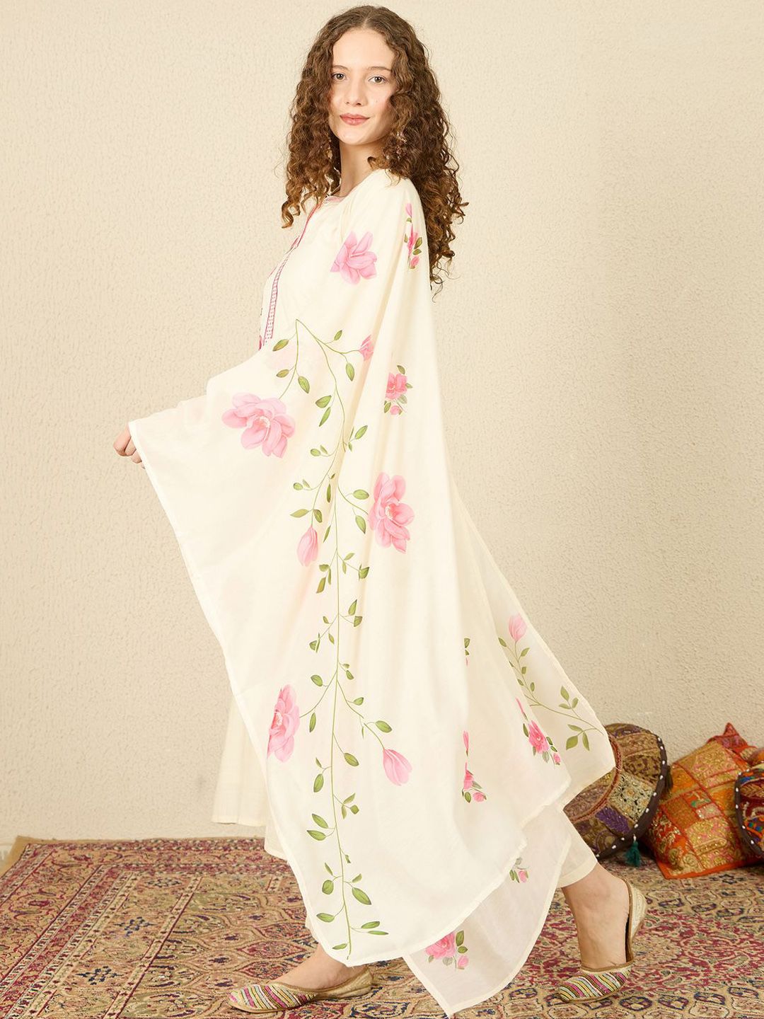 Floral Embroidered Notch Neck Straight Kurta with Trousers & Dupatta