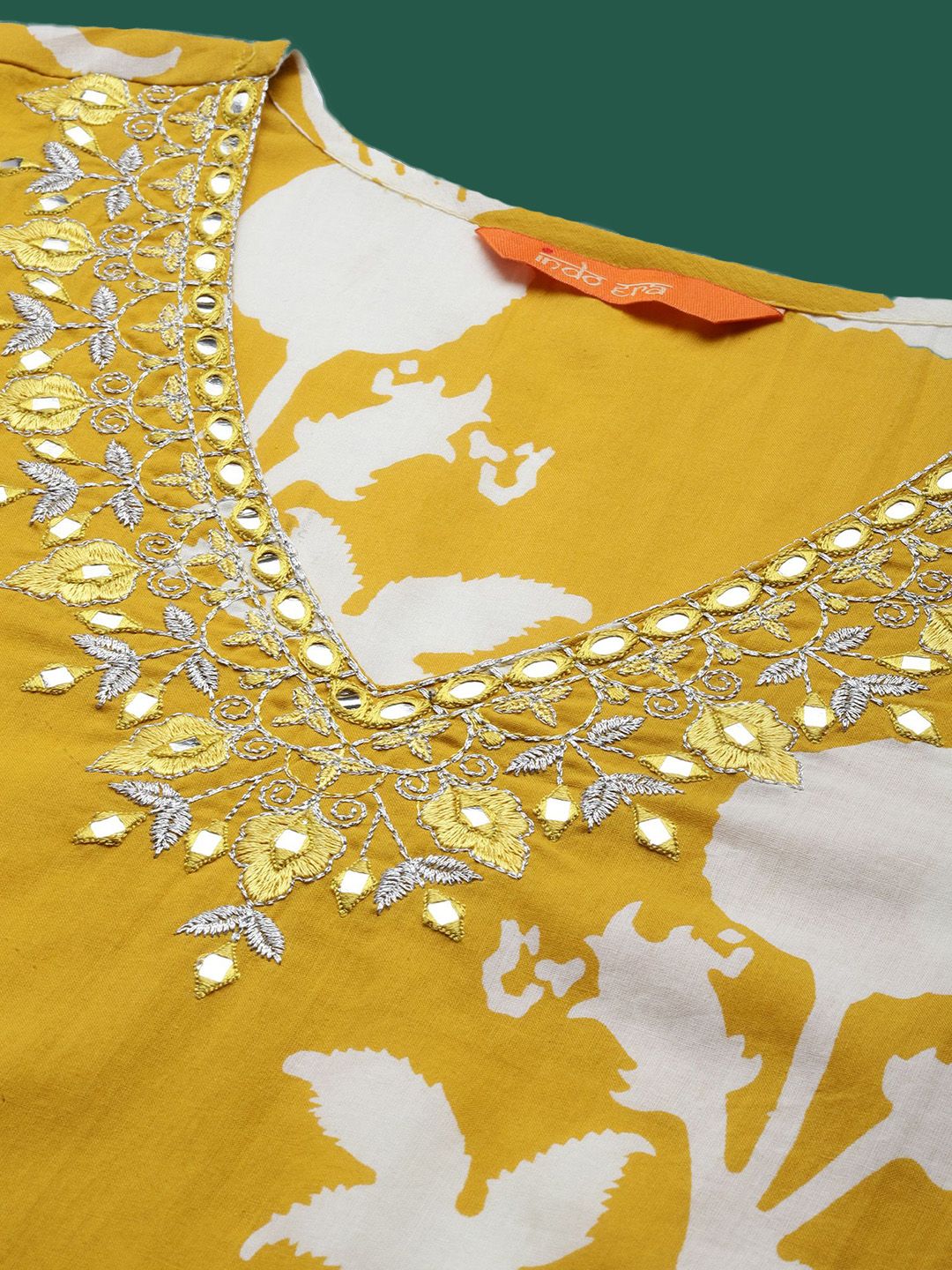 Floral Printed Mirror Work Pure Cotton Kurta With Trousers & Dupatta