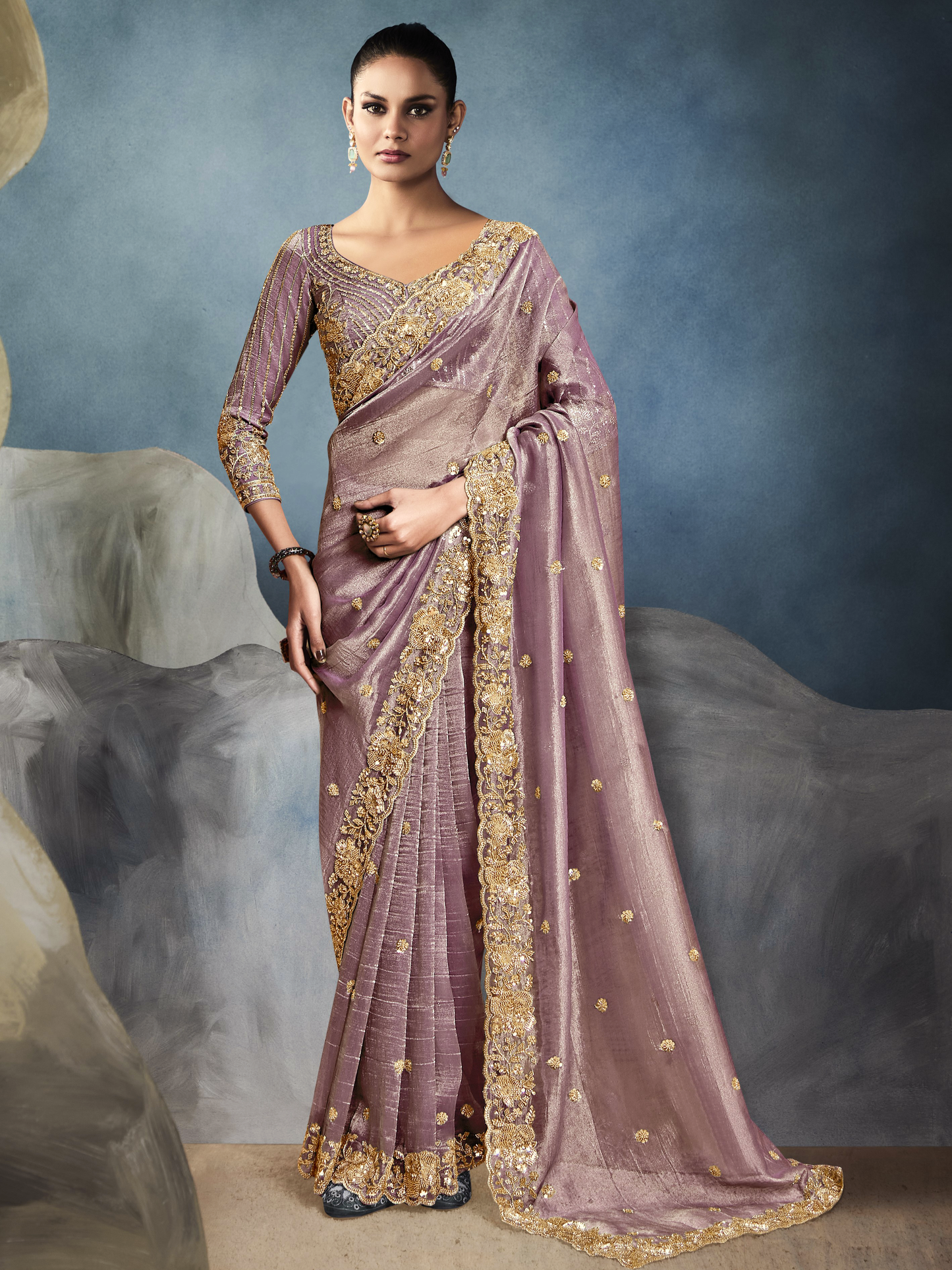 Dhiyona KM Women Tissue Embroidered Fancy Heavy Border Saree