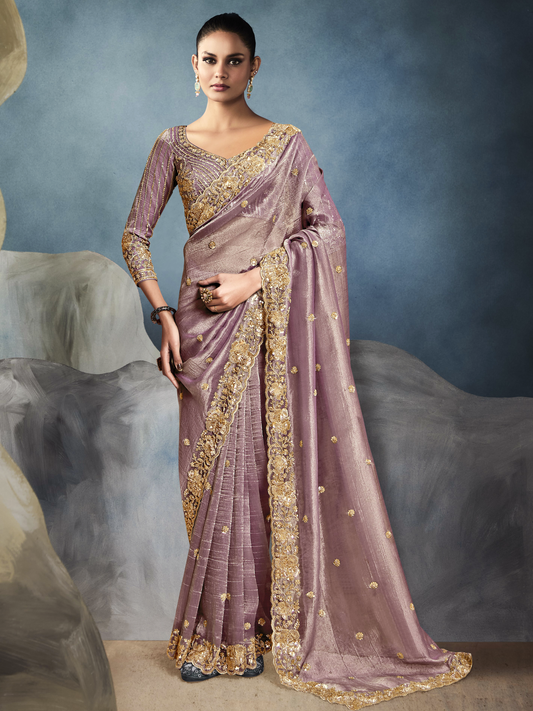 Dhiyona KM Women Tissue Embroidered Fancy Heavy Border Saree