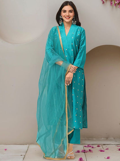 Dhiyona IS Women's Floral Embroidered Sequinned Straight Kurta With Trousers & Dupatta