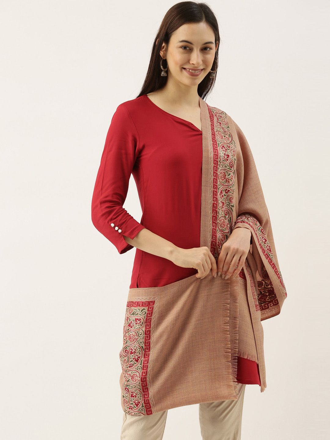 Dhiyona PA Women Beige & Red Embroidered Pure Wool Shawl