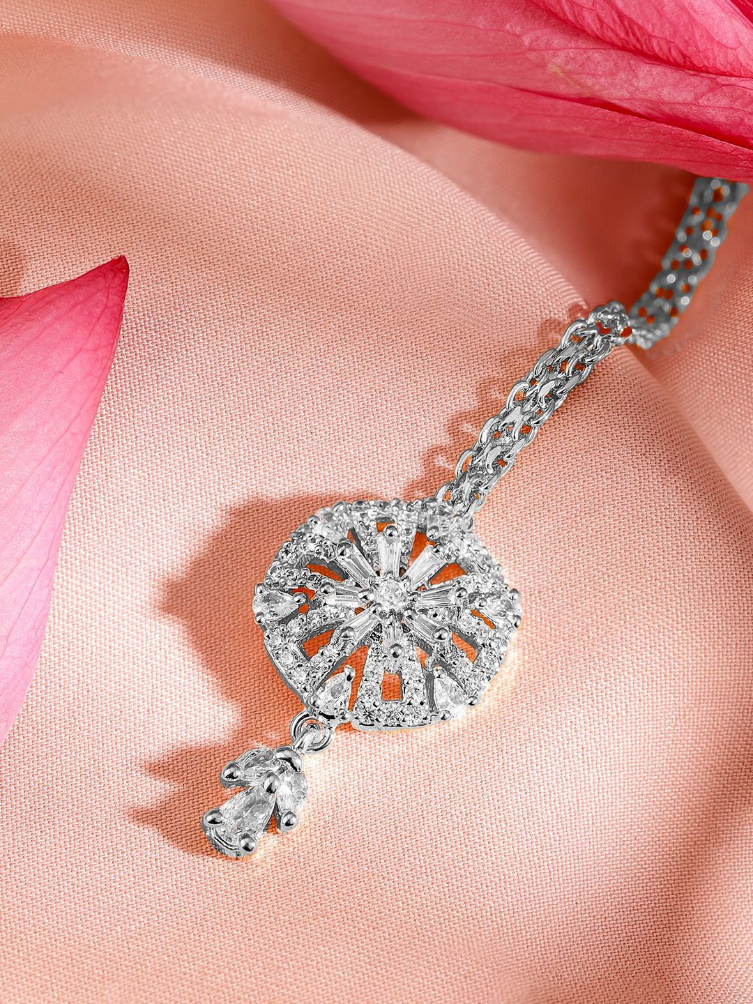 Dhiyona RJ Women's Rhodium-Plated Cubic Zirconia Studded Maang Tikka Head Jewellery