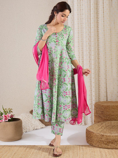 Dhiyona IE Floral Printed V-Neck Pure Cotton A-Line Kurta & Trousers With Dupatta