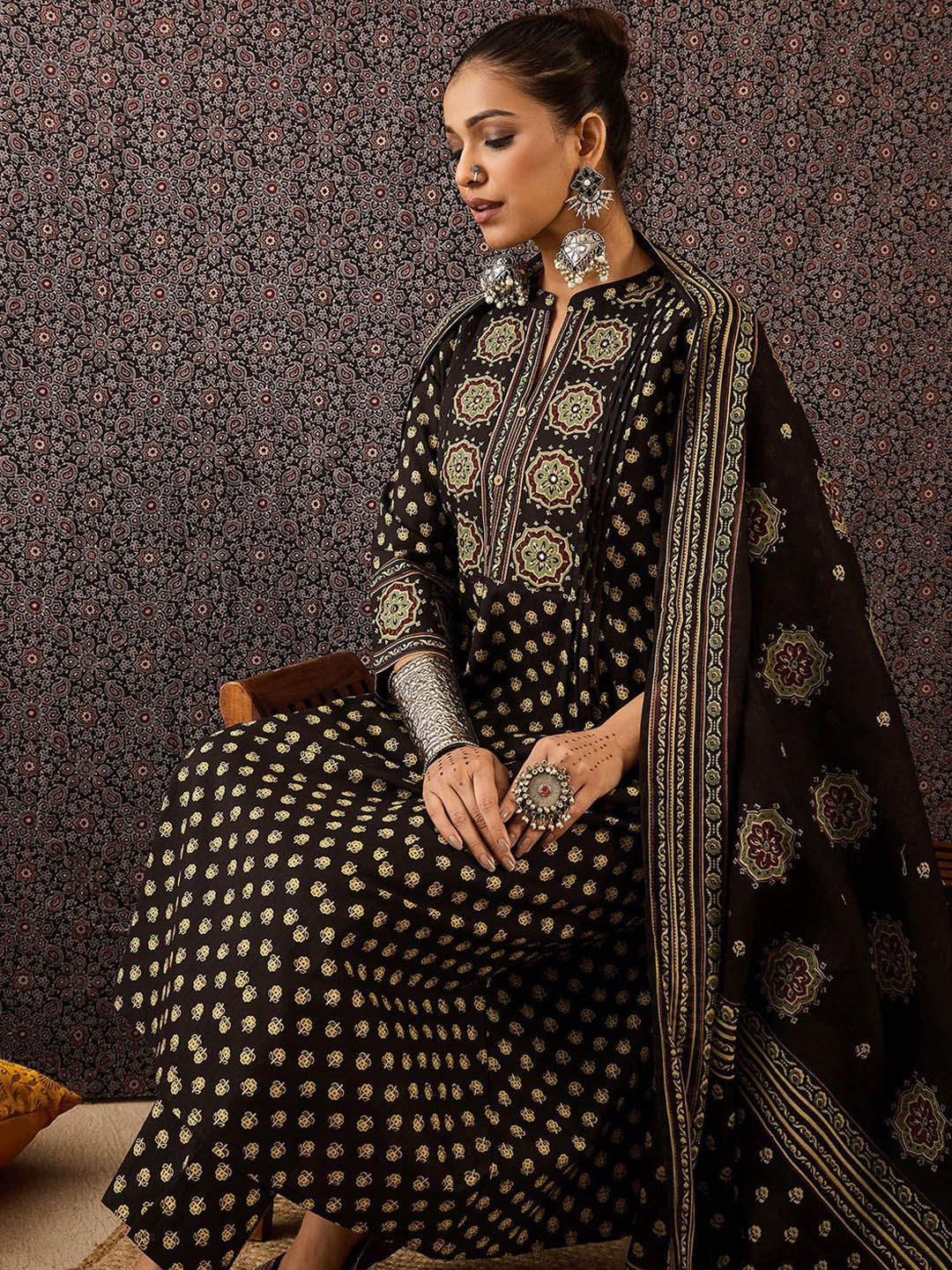 Dhiyona IE Women Ethnic Motifs Embroidered Panelled Thread Work Pure Cotton Kurta with Trousers & With Dupatta