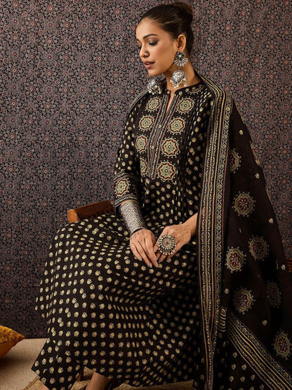 Dhiyona IE Women Ethnic Motifs Embroidered Panelled Thread Work Pure Cotton Kurta with Trousers & With Dupatta