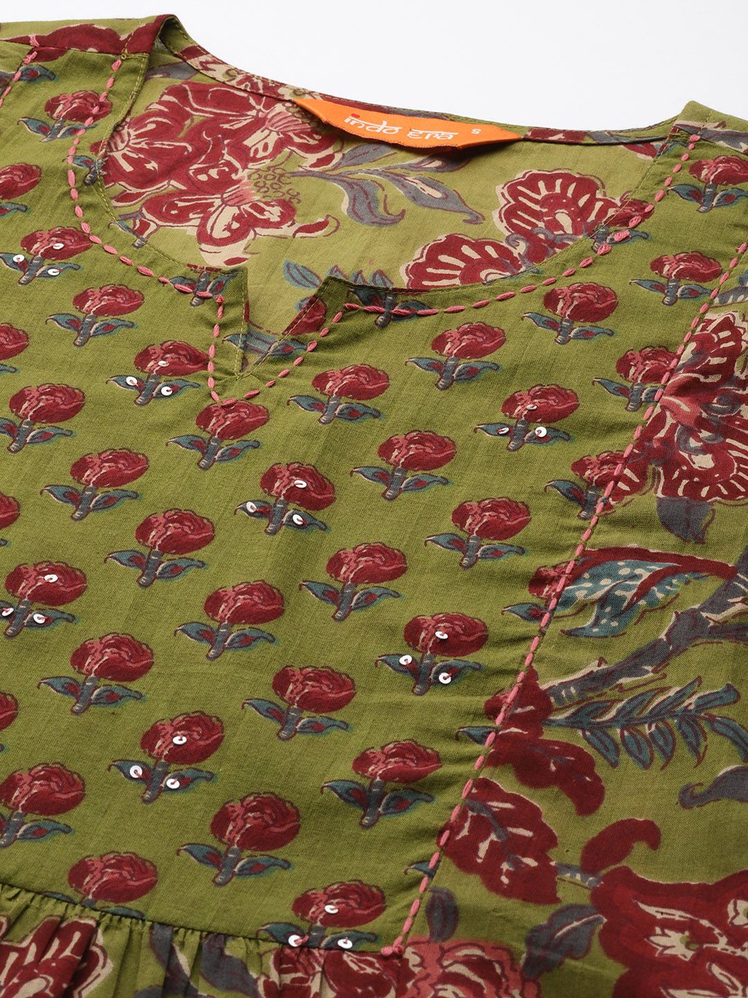 Floral Printed Pleated Sequinned Pure Cotton Kurta with Trousers