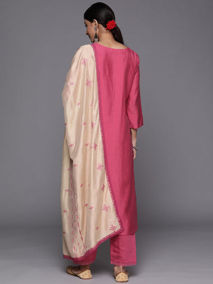 Dhiyona VA Women's Pink Ethnic Motifs Embroidered Thread Work Kurta with Trousers & With Dupatta