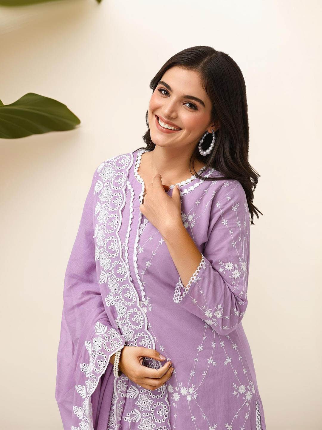 Dhiyona IS Women's Floral Embroidered Pure Cotton Straight Kurta With Trousers & Dupatta