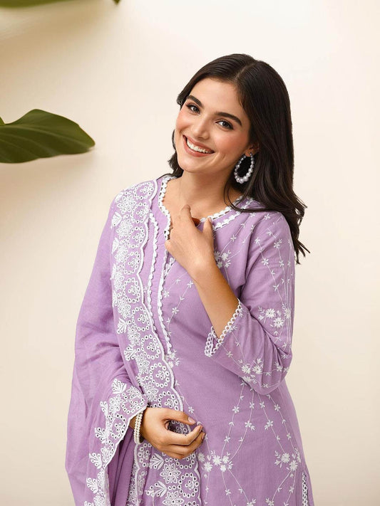 Dhiyona IS Women's Floral Embroidered Pure Cotton Straight Kurta With Trousers & Dupatta