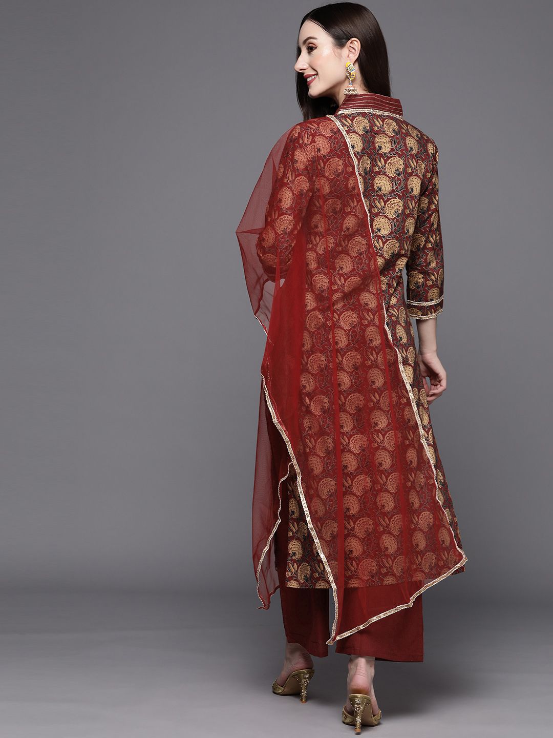 Women Maroon Floral Printed Sequinned Kurta with Palazzos & Dupatta