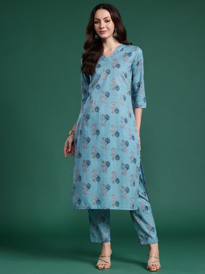 Dhiyona IE Floral Printed Regular Pure Cotton Kurta with Trousers