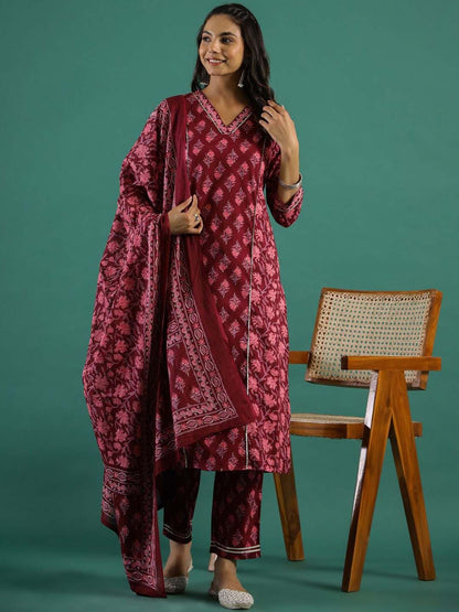 Dhiyona SN Women's Printed Pure Cotton Straight Kurta With Trouser & Dupatta Set