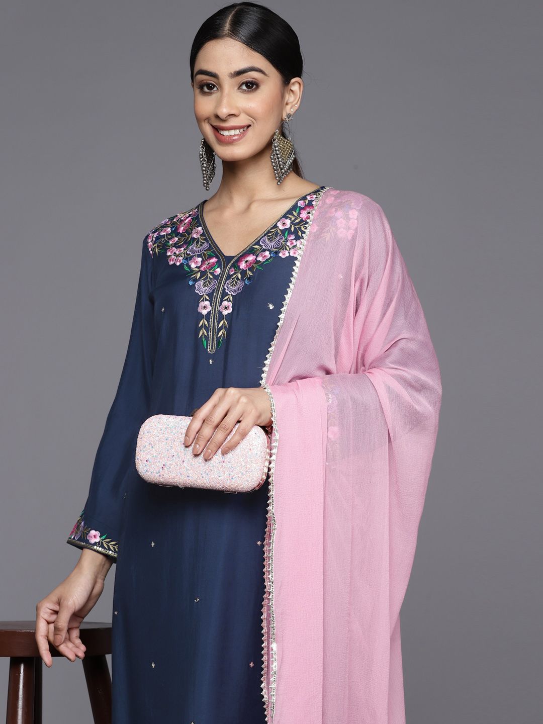 Dhiyona VA Women'sFloral Yoke Design Regular Sequinned Kurta with Trousers & With Dupatta