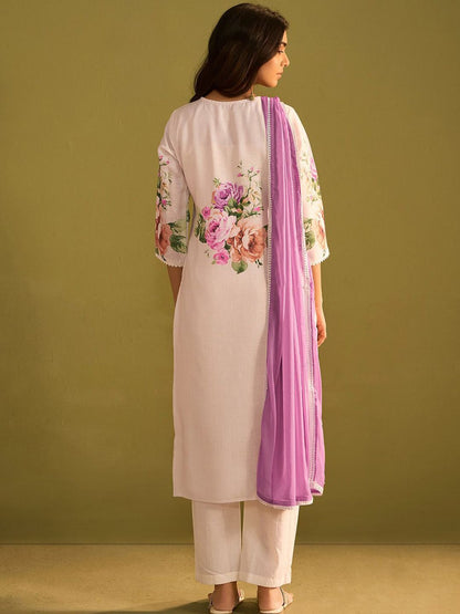 Dhiyona IE Floral Printed V-Neck Linen Straight Kurta With Trousers & Dupatta